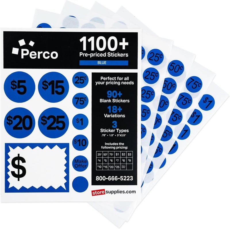Perco Garage Price Stickers - 28 Sheets, 1,100 Pre-Priced & Blank Blue Stickers - Easy-to-Read Price Tags for Effective Pricing Ideal for Yard Sales, Flea Markets, County Fairs & Retail Use - Image 1